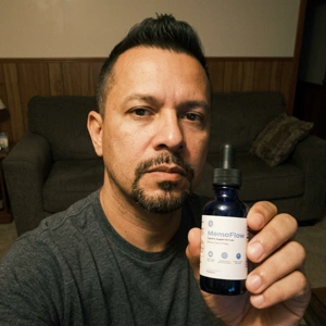 MemoFlow customer photo presenting the cognitive support formula bottle